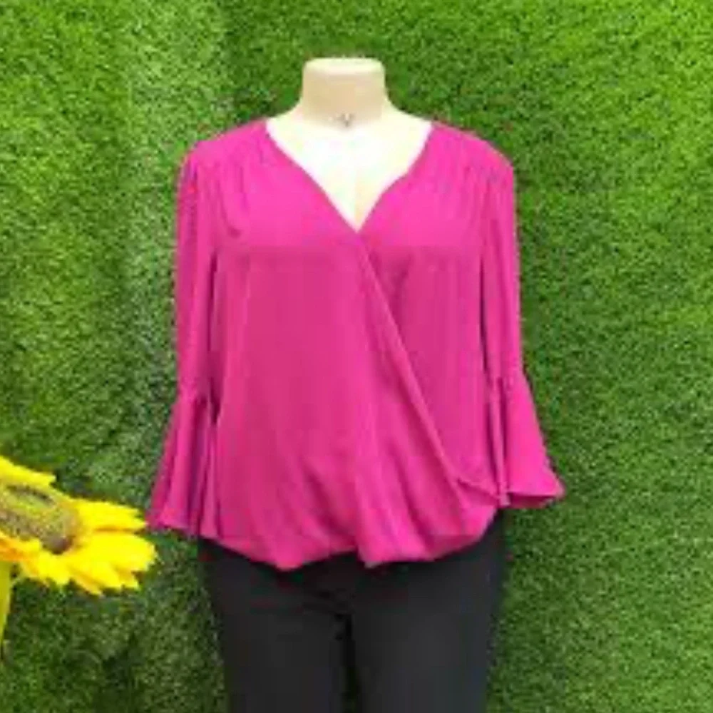 INC International Concepts Fuchsia Blouse with Ruffled Sleeves Size L - Picture 3 of 9